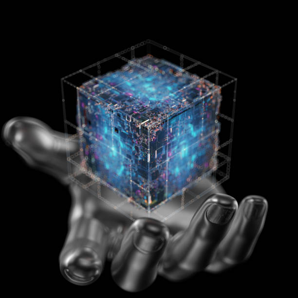Modern machine design cube on the metal hand,the concept of core data blocks,3d rendering.